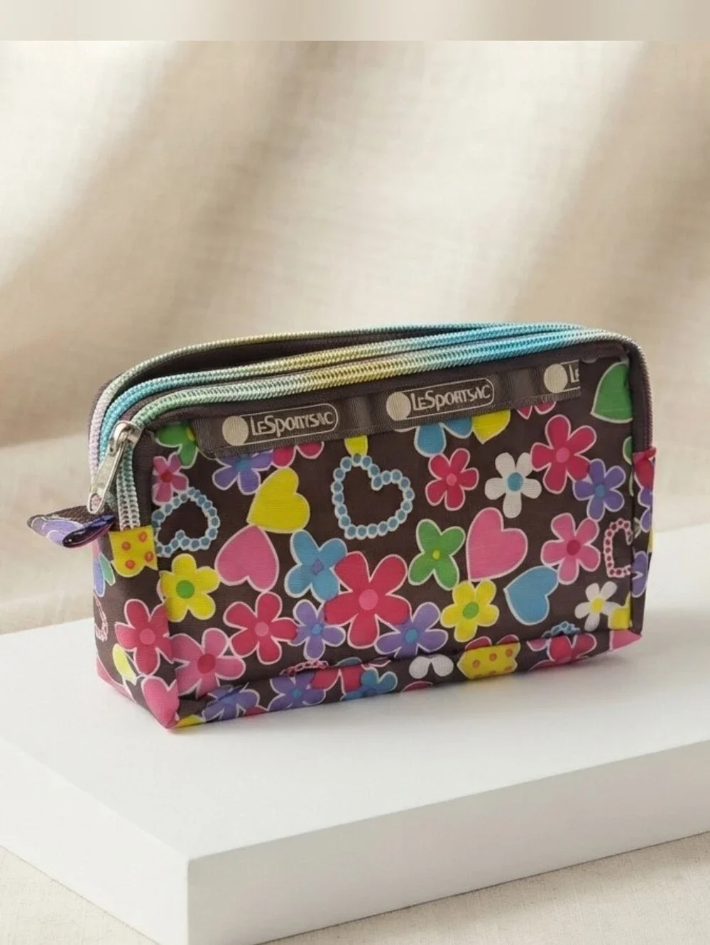 LeSportsac Multi-Color Floral Heart Pattern Cosmetic Pouch - Triple Zipper